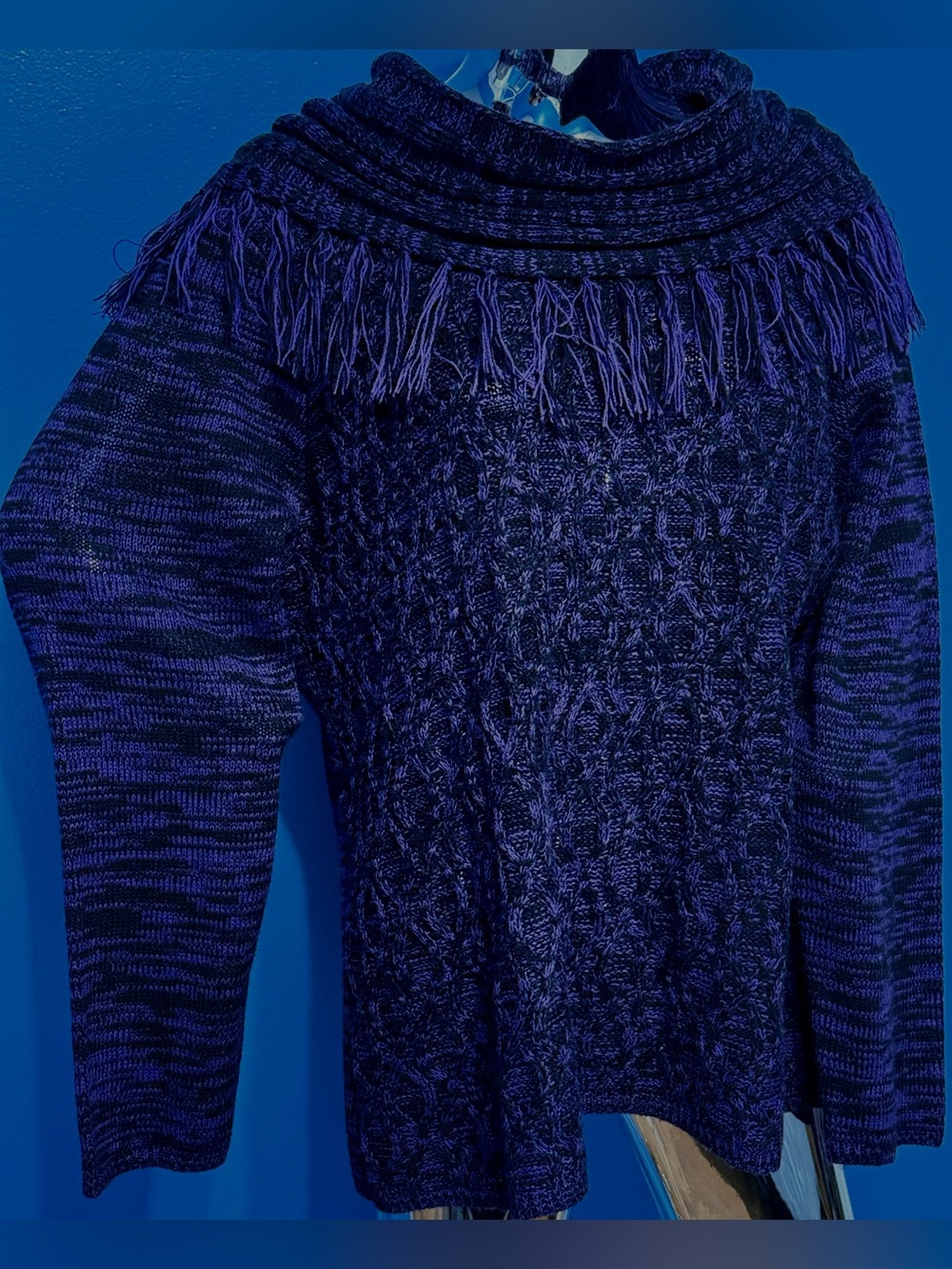 Kim Rogers Purple and Black Fringe Cable-Knit Turtleneck Sweater